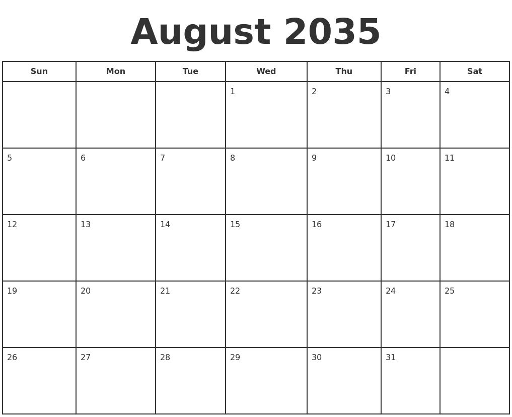 December 2035 Blank Monthly Calendar