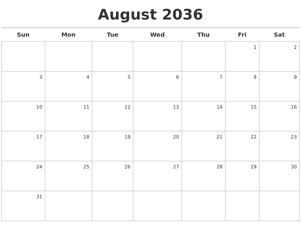 August 2036 Calendar Maker