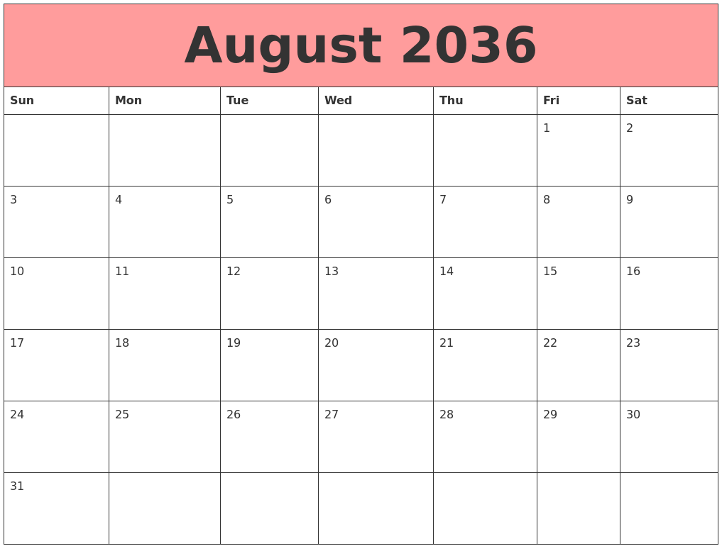 August 2036 Calendars That Work