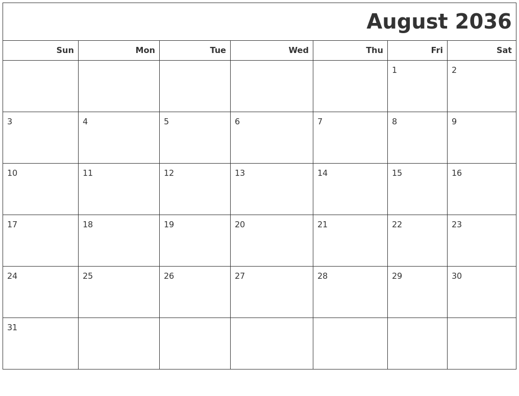 August 2036 Calendars To Print