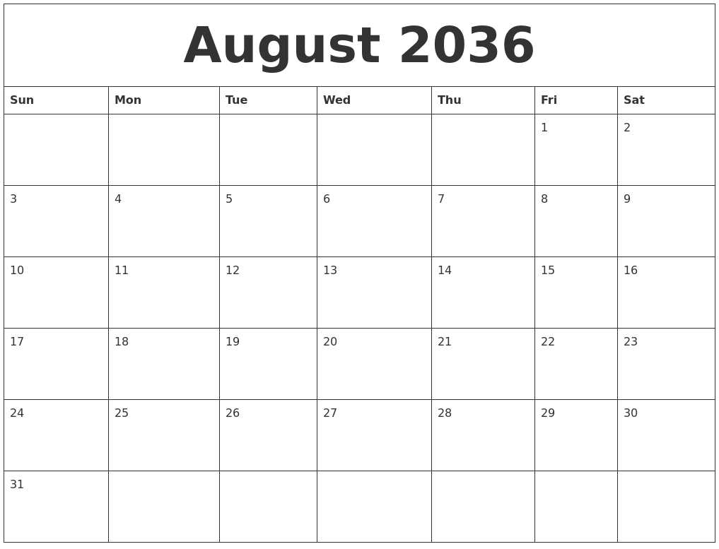 August 2036 Cute Printable Calendar