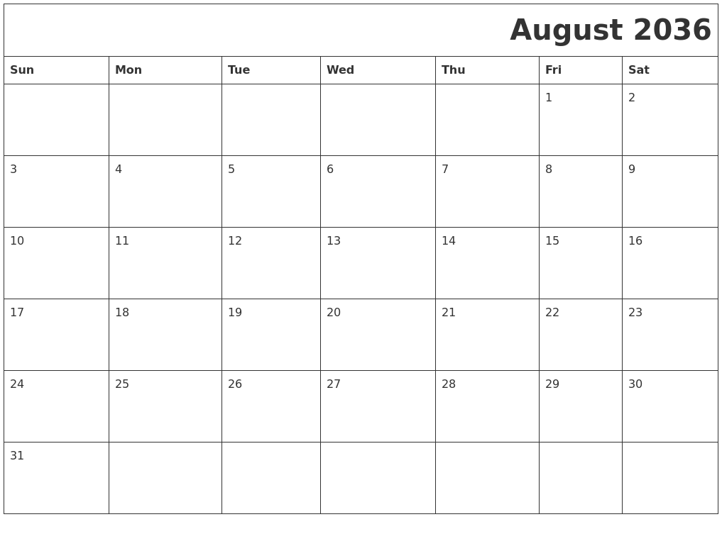 August 2036 Download Calendar