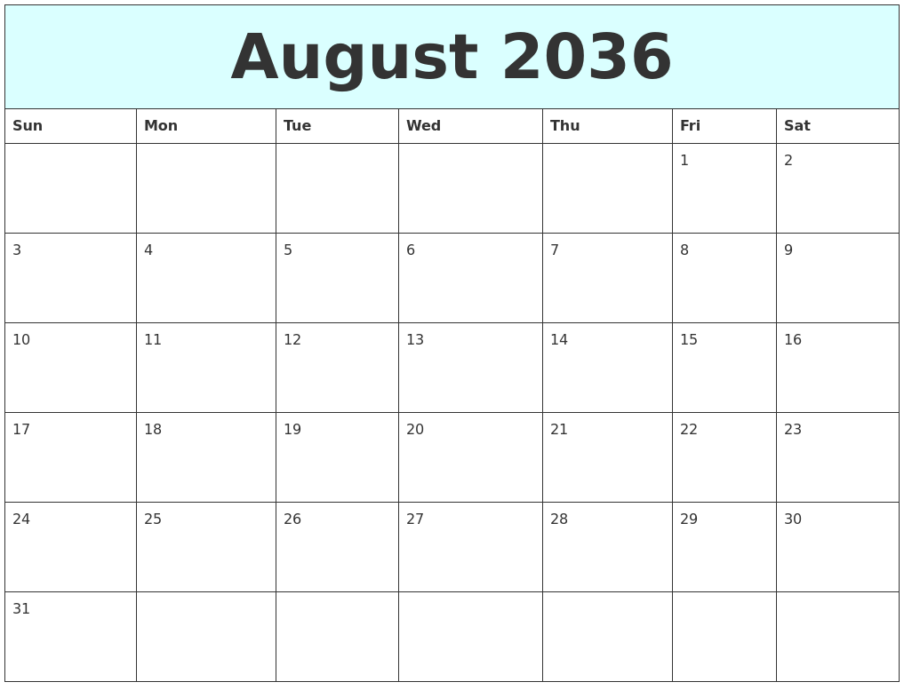 August 2036 Free Calendar