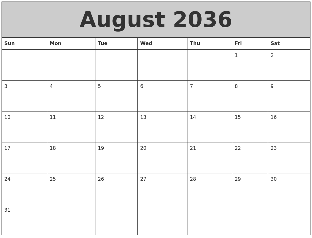 August 2036 My Calendar