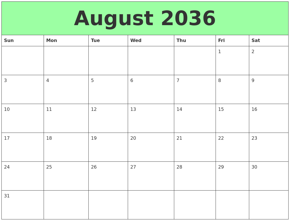 August 2036 Printable Calendars