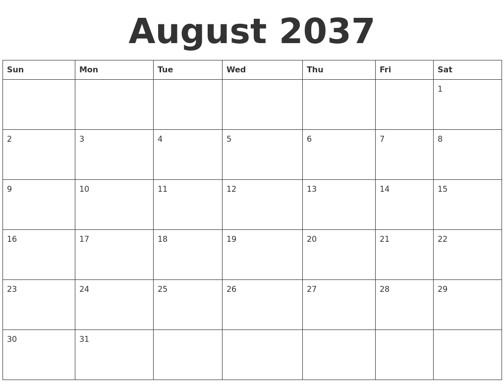 August 2037 Blank Calendar Template