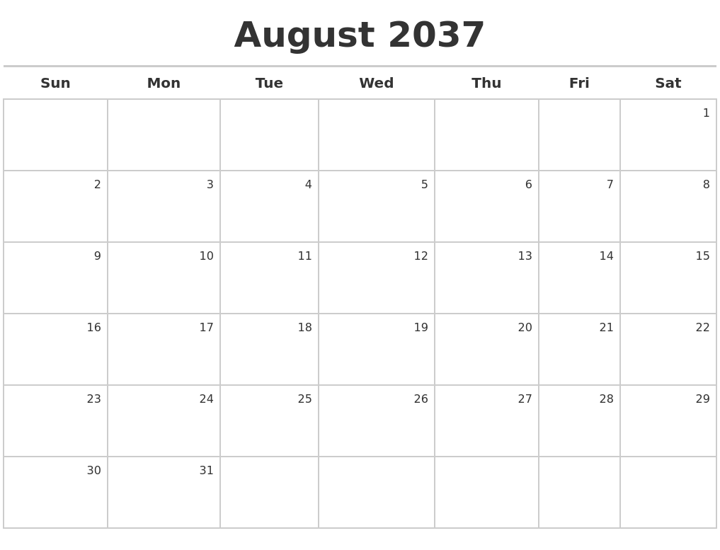August 2037 Calendar Maker