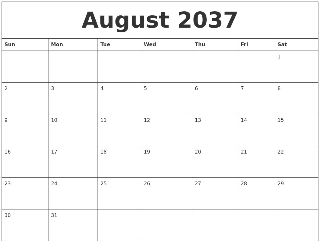 August 2037 Cute Printable Calendar