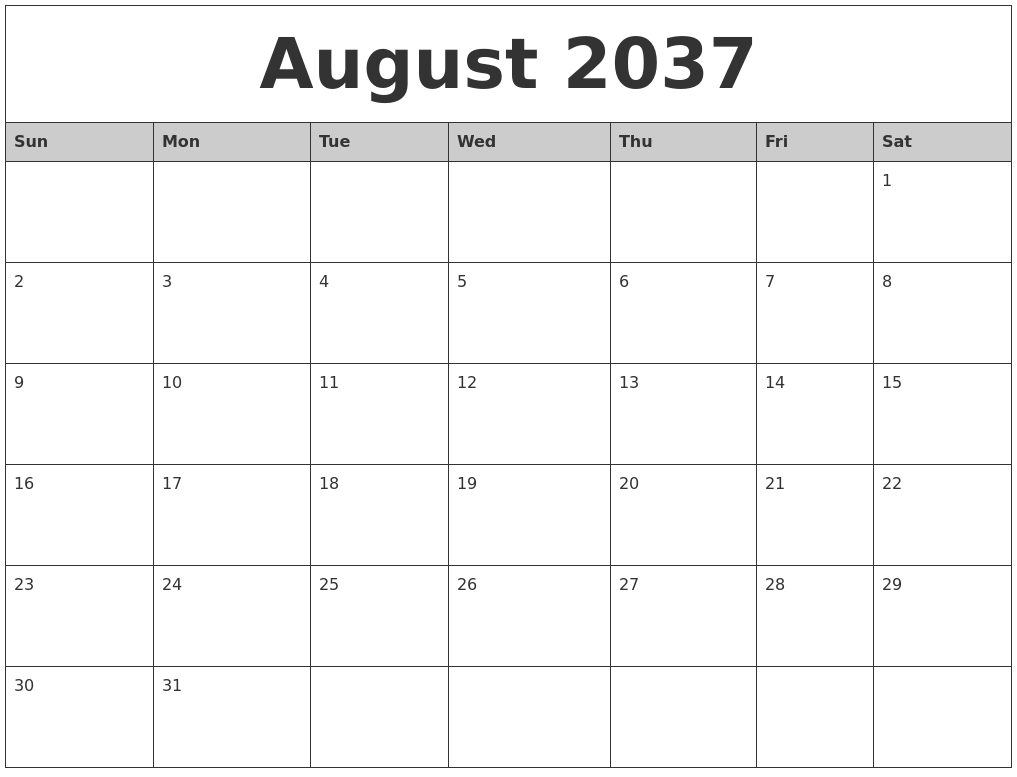 August 2037 Monthly Calendar Printable