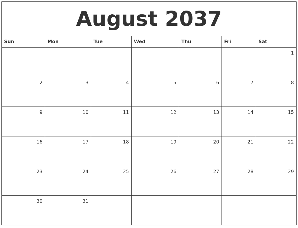 August 2037 Monthly Calendar