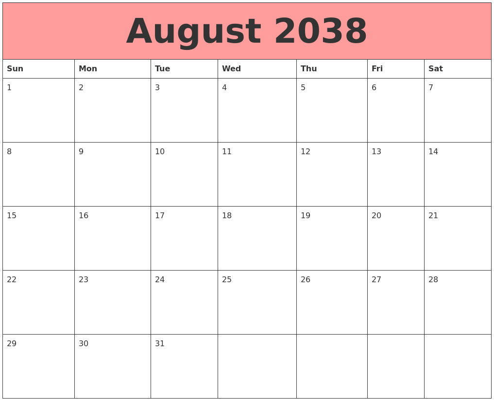 August 2038 Calendars That Work