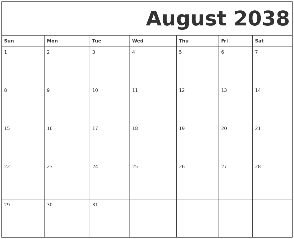 August 2038 Free Printable Calendar