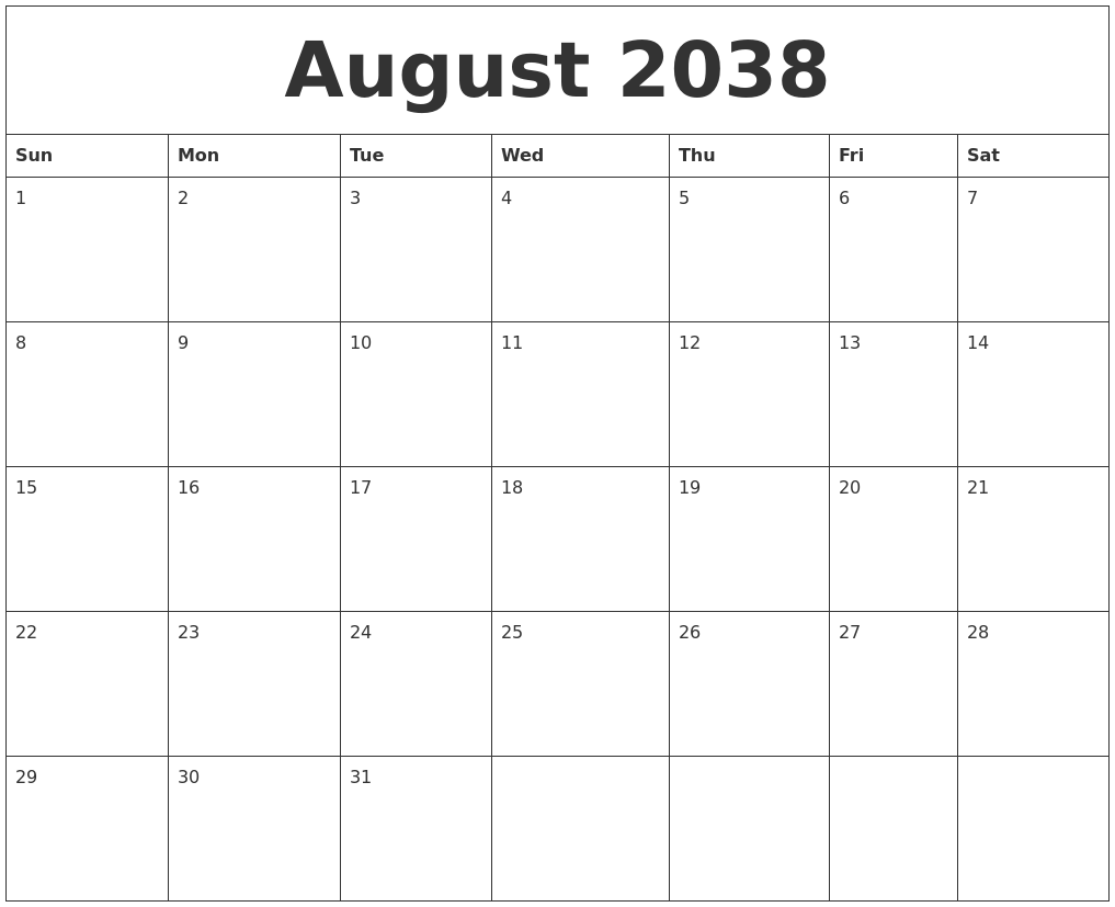 August 2038 Free Printable Calenders