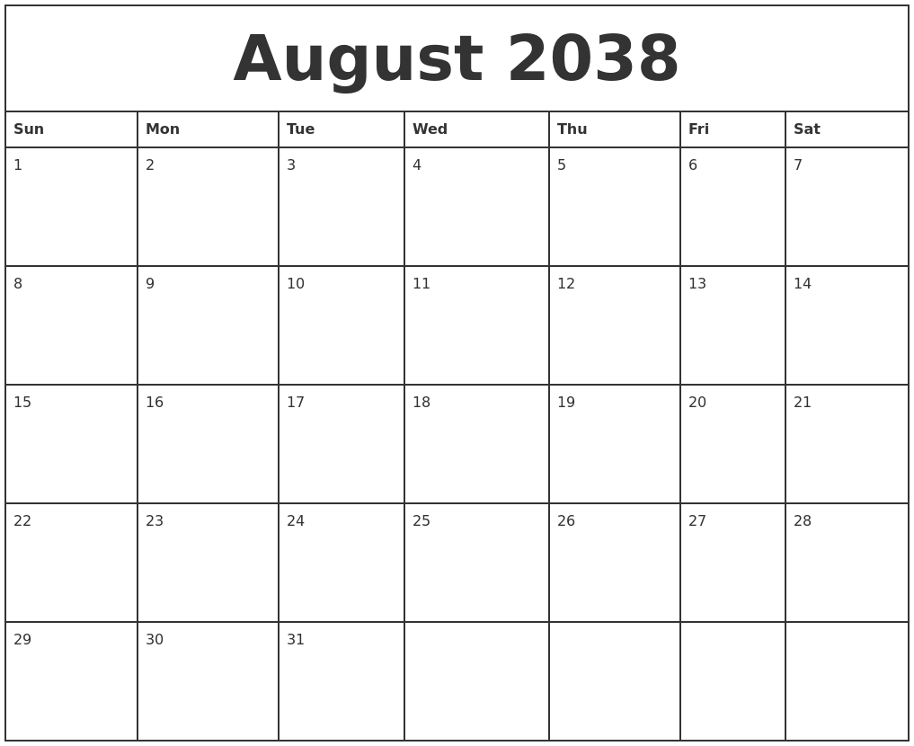 August 2038 Printable Monthly Calendar