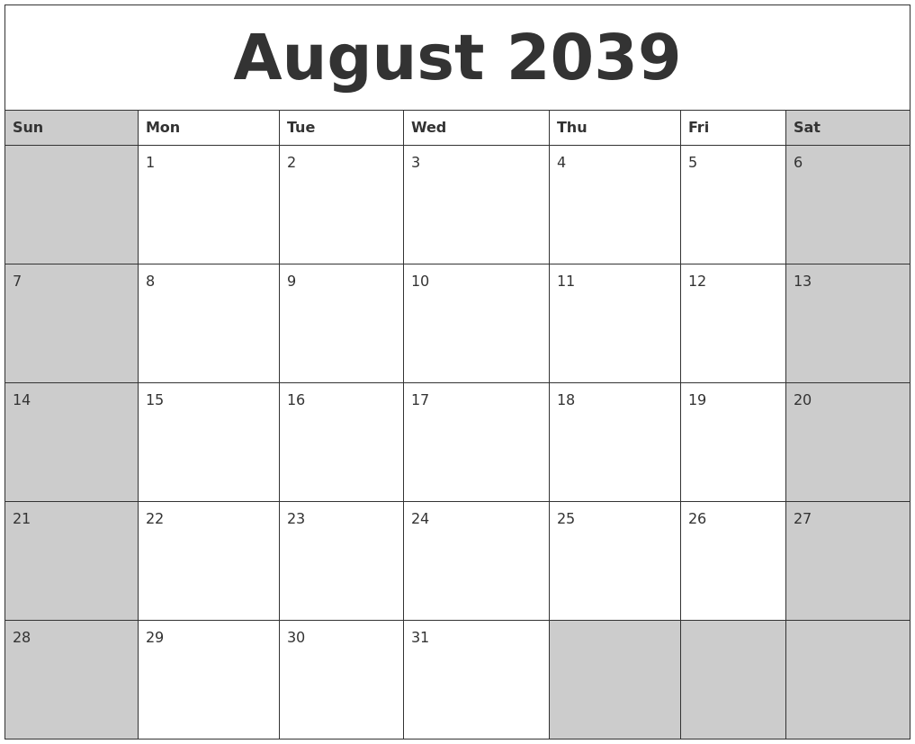 August 2039 Calanders
