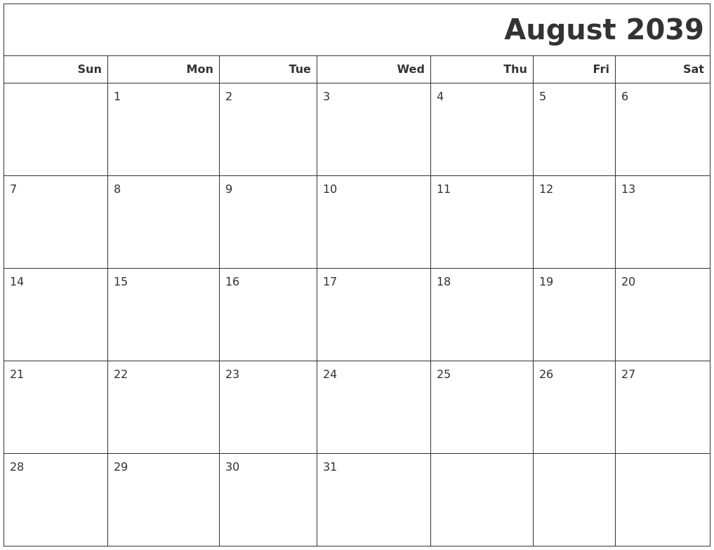 August 2039 Calendars To Print