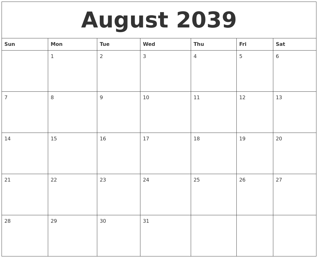 August 2039 Editable Calendar Template