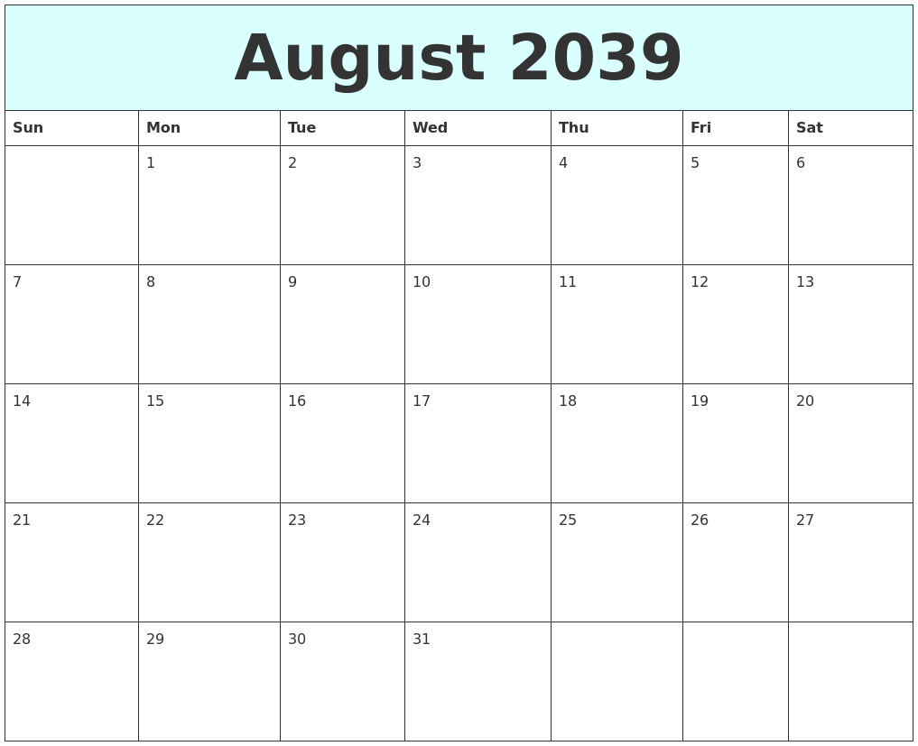 August 2039 Free Calendar