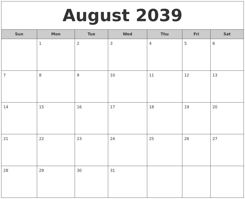 August 2039 Free Monthly Calendar