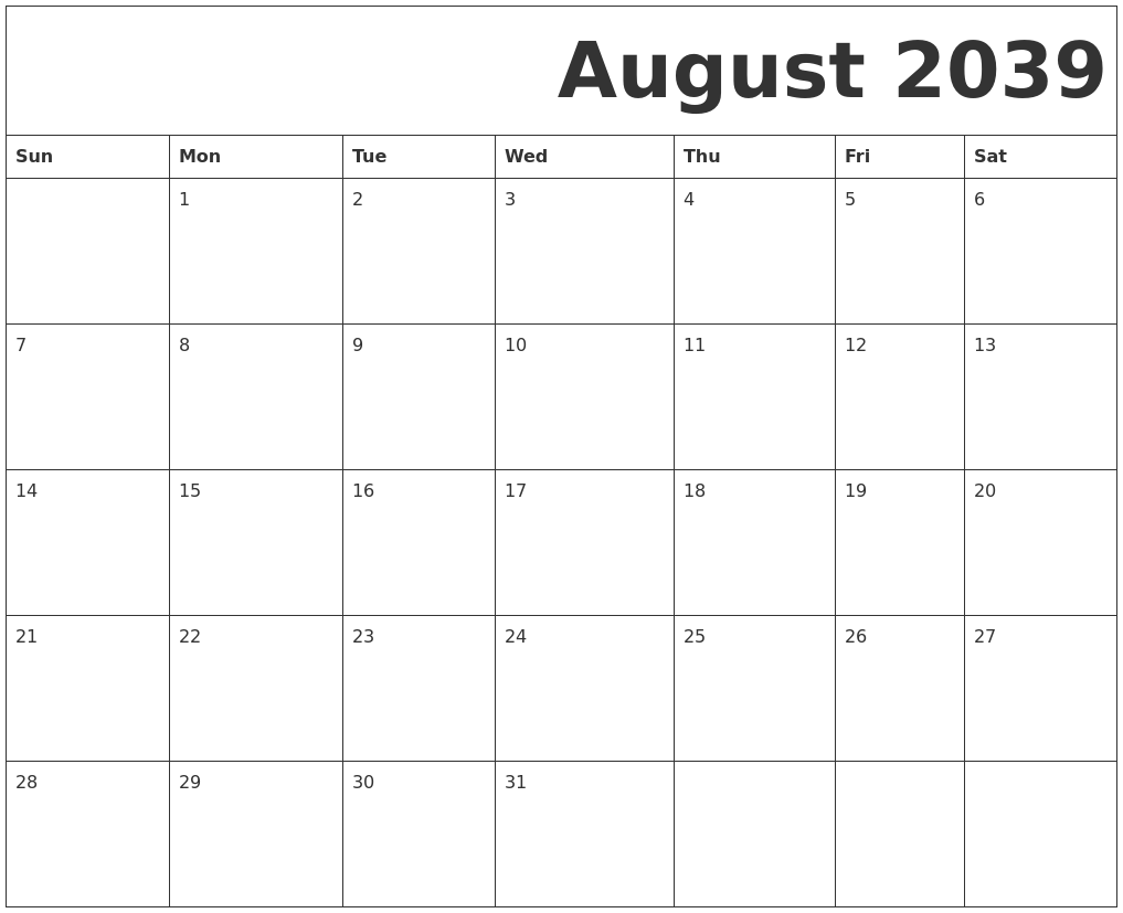 August 2039 Free Printable Calendar