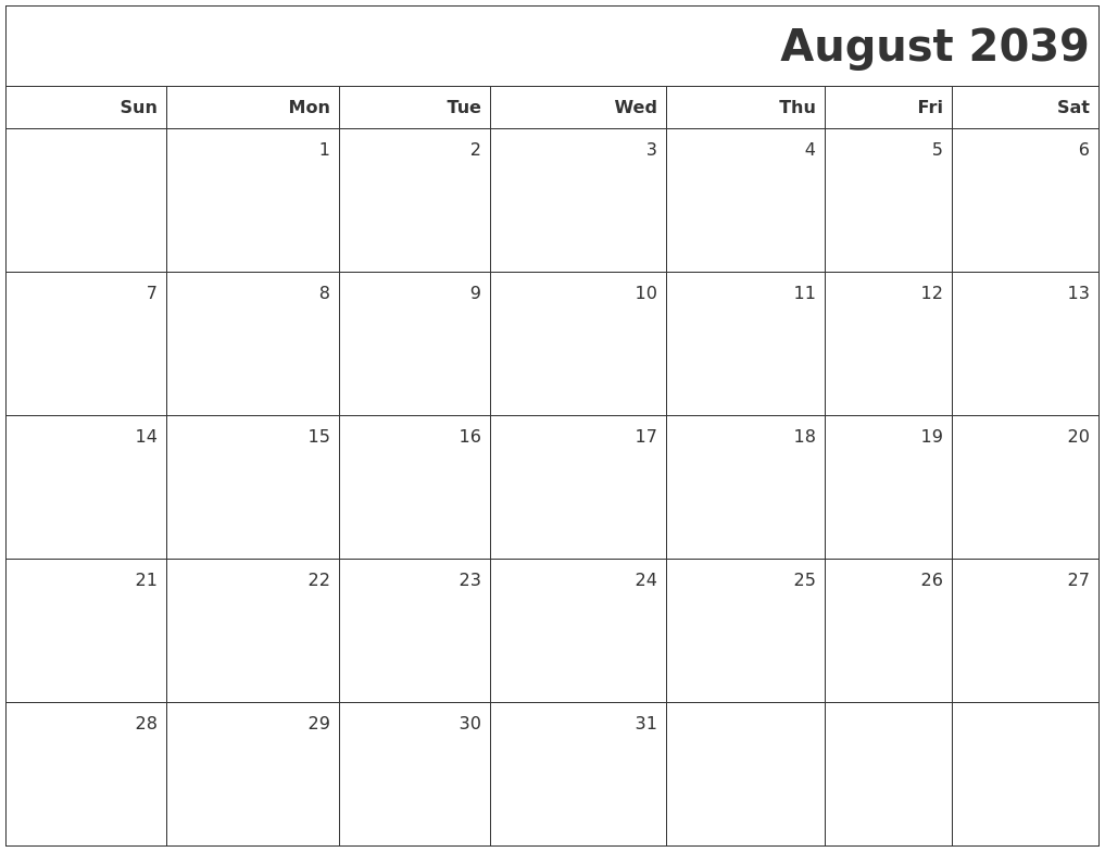 August 2039 Printable Blank Calendar