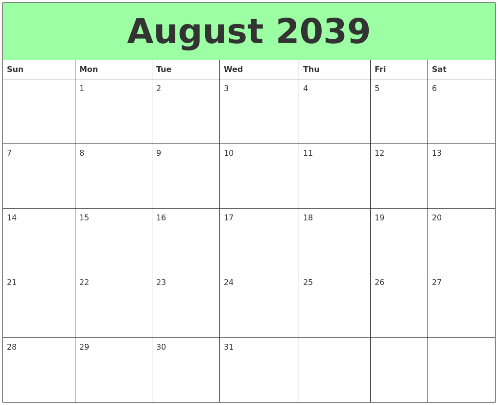 August 2039 Printable Calendars