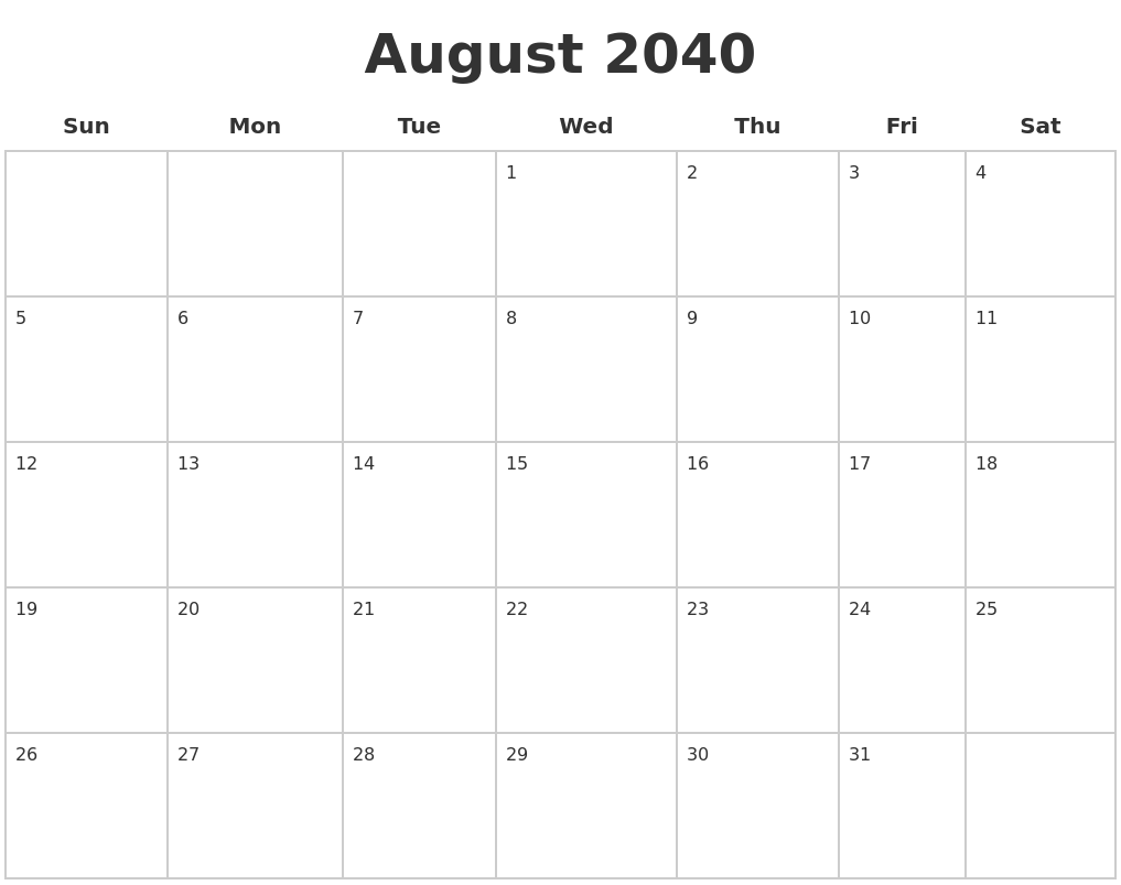 August 2040 Blank Calendar Pages