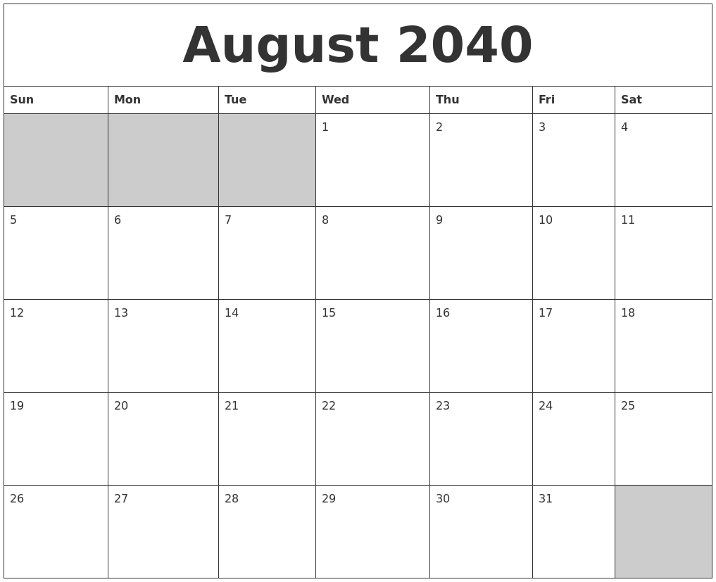 August 2040 Blank Printable Calendar August 2040 Blank Printable Calendar