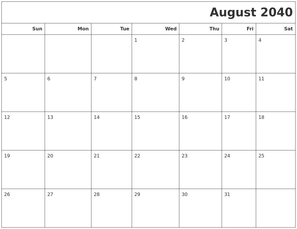 August 2040 Calendars To Print