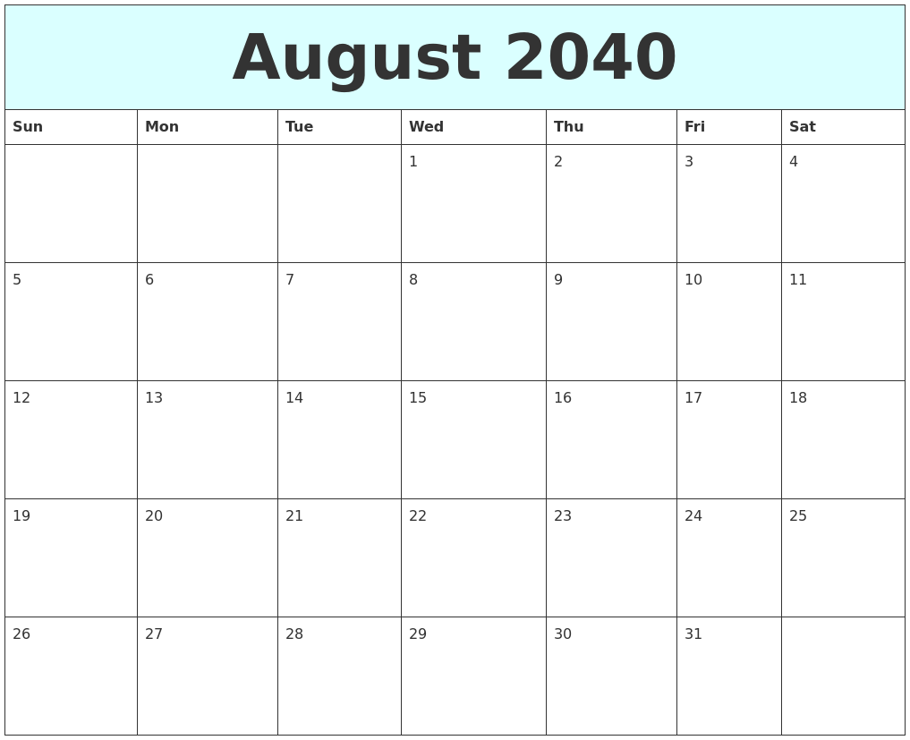 August 2040 Free Calendar