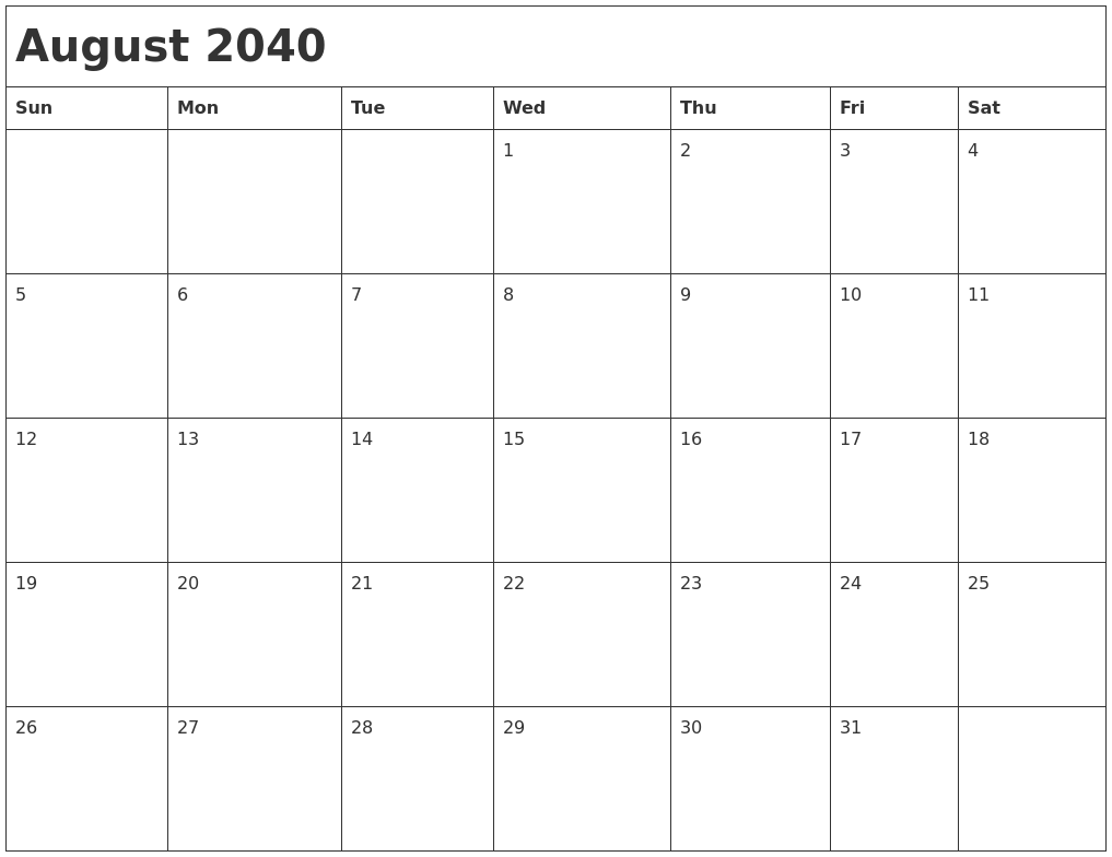 August 2040 Month Calendar