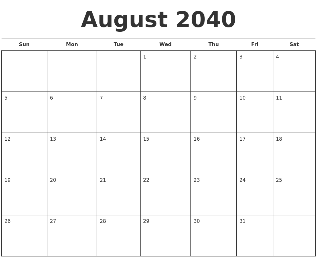 August 2040 Monthly Calendar Template