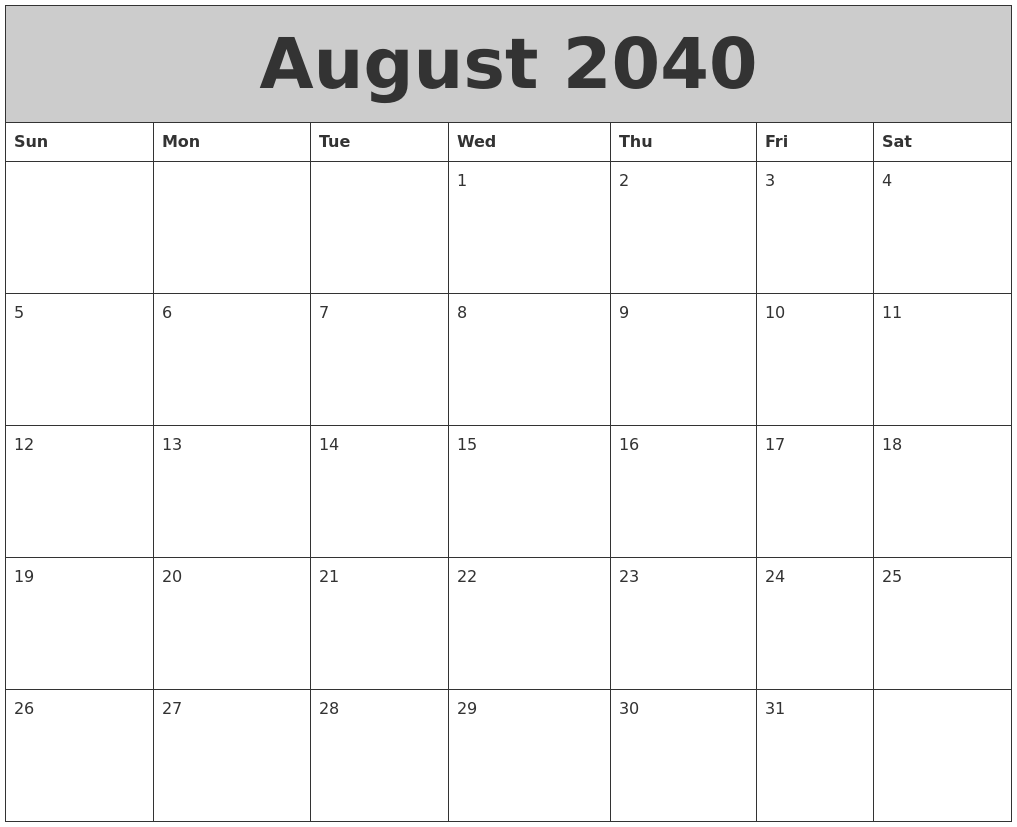 August 2040 My Calendar