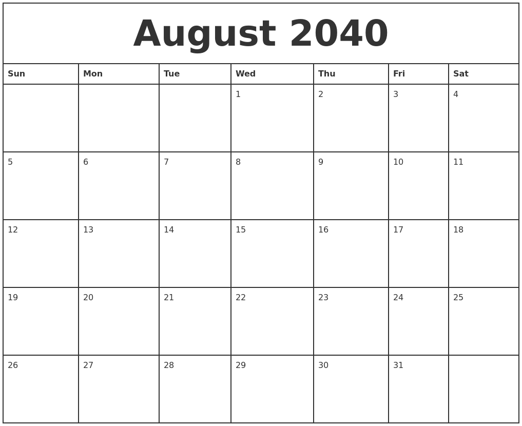 August 2040 Printable Monthly Calendar