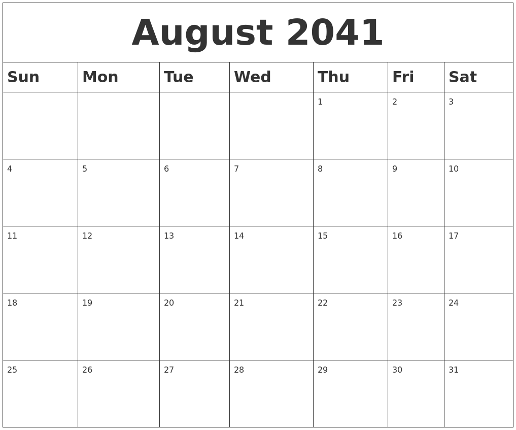 August 2041 Blank Calendar