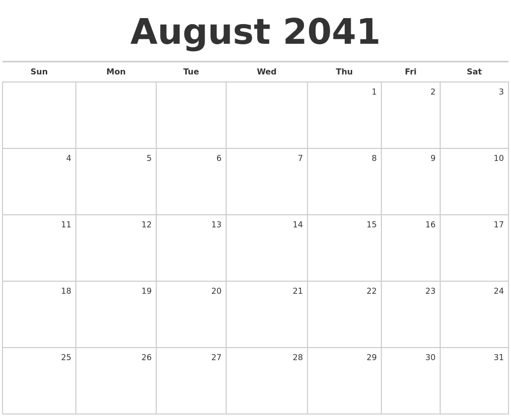 August 2041 Blank Monthly Calendar
