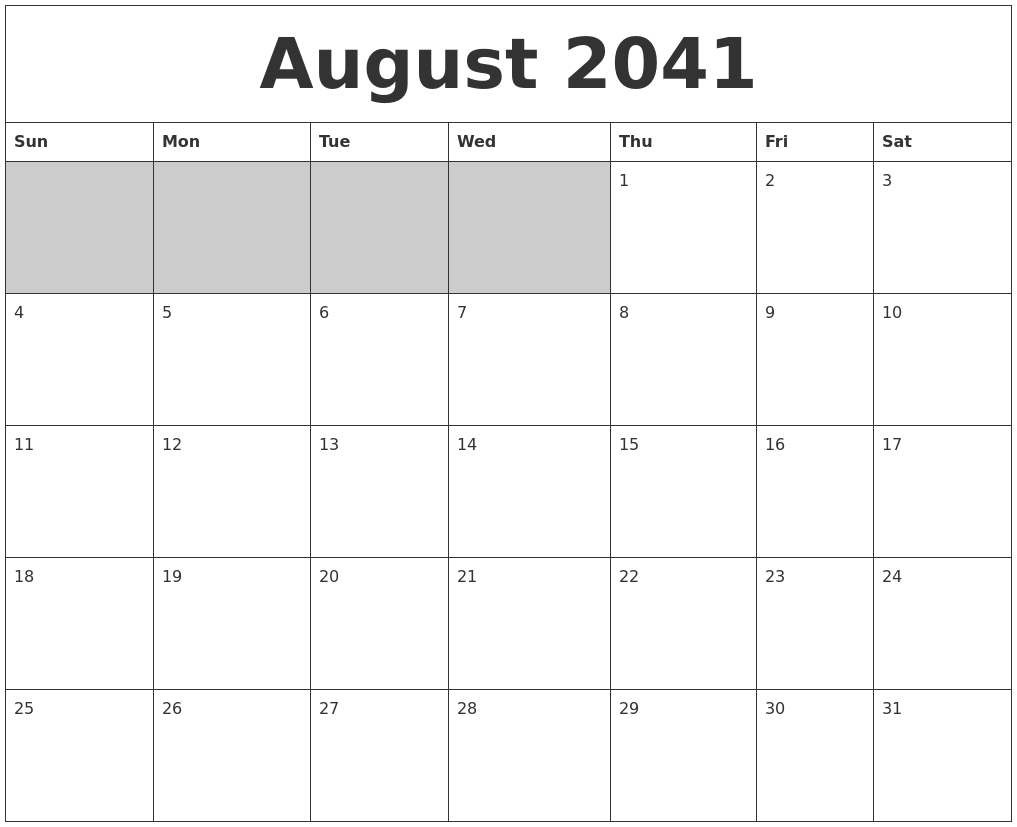 August 2041 Blank Printable Calendar
