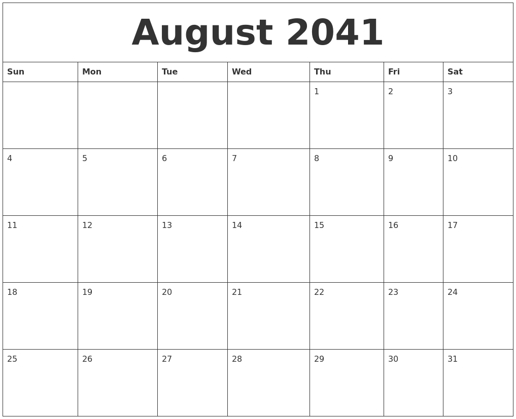 August 2041 Calendar Printable Free