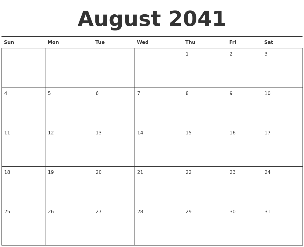 August 2041 Calendar Printable