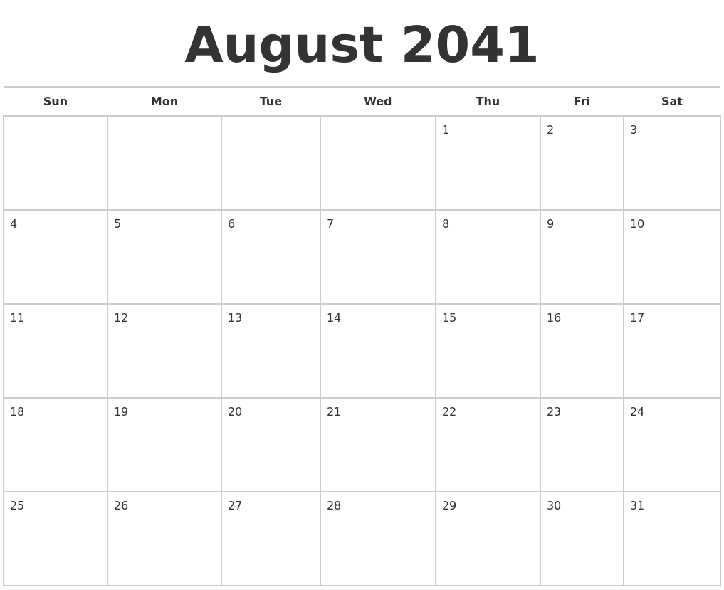 August 2041 Calendars Free