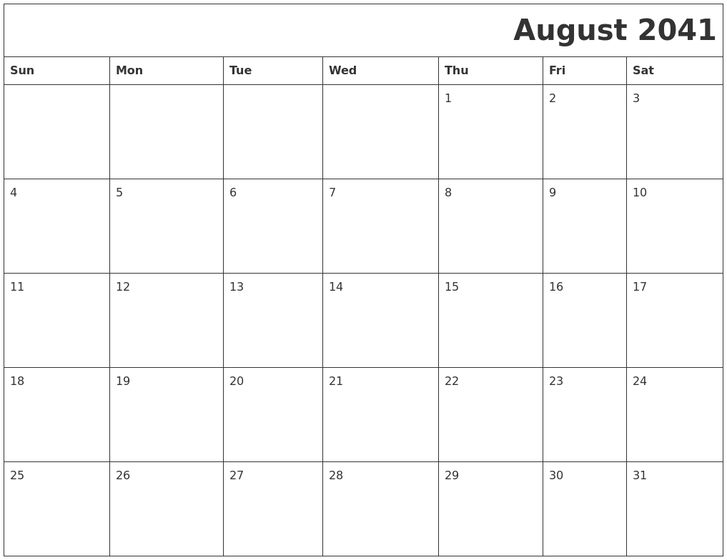 August 2041 Download Calendar