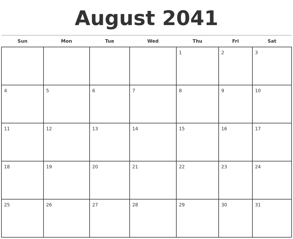August 2041 Monthly Calendar Template