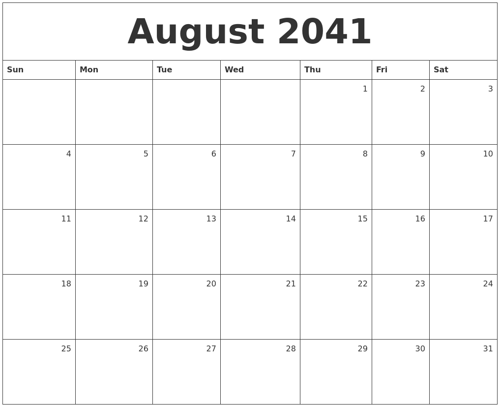 August 2041 Monthly Calendar