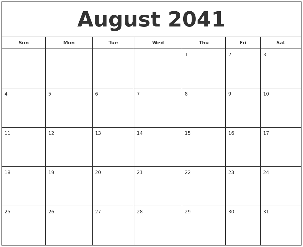 August 2041 Print Free Calendar