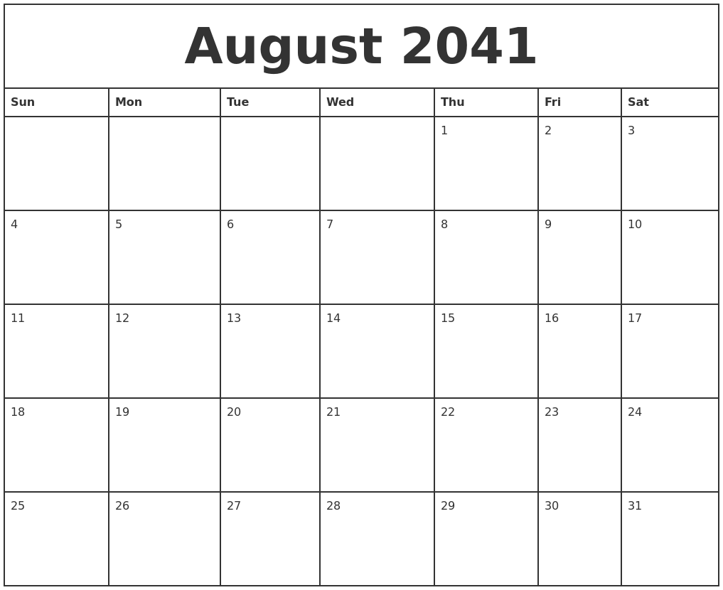 August 2041 Printable Monthly Calendar