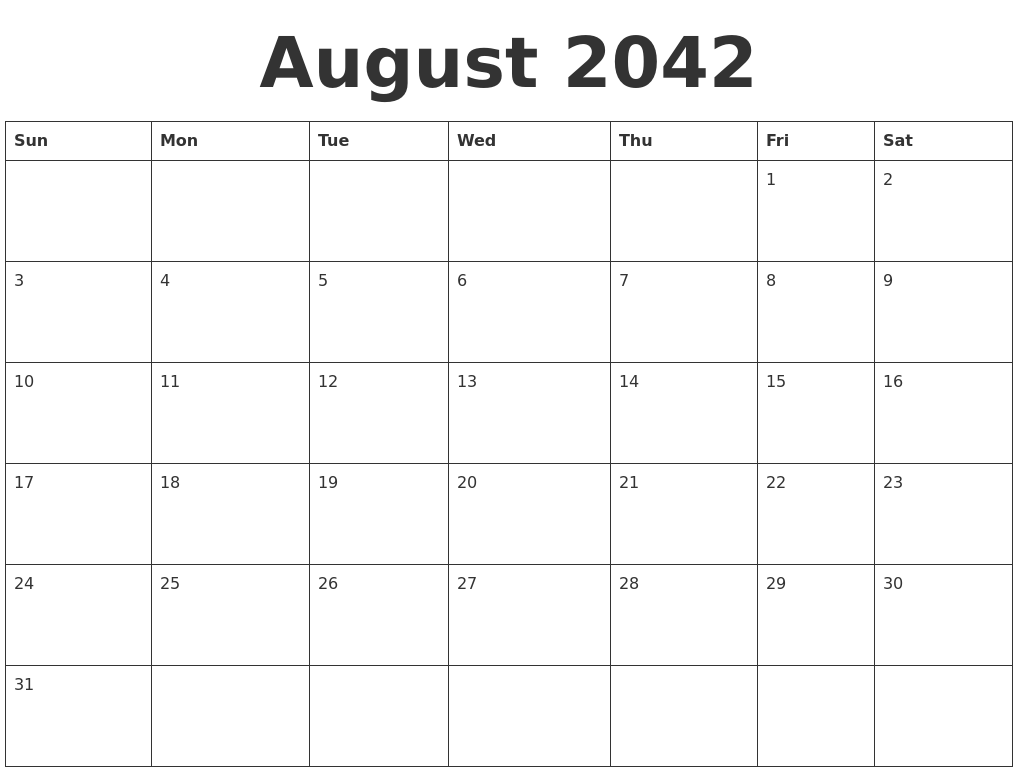 August 2042 Blank Calendar Template