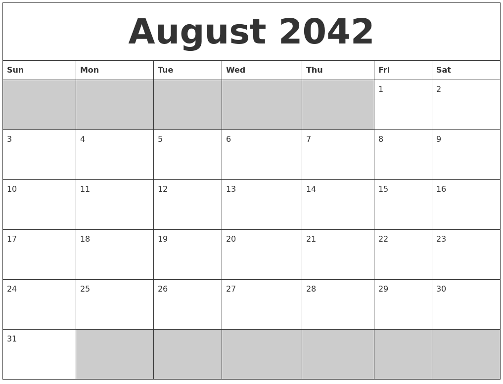 August 2042 Blank Printable Calendar