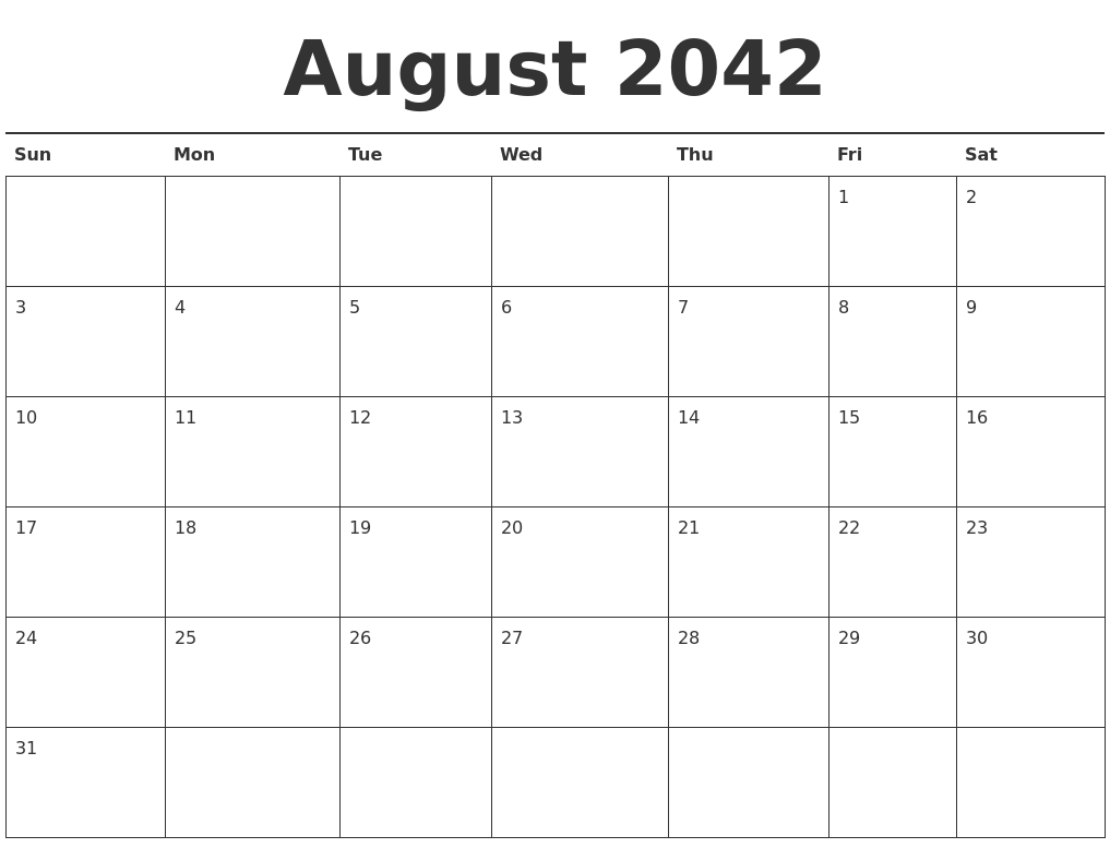 August 2042 Calendar Printable