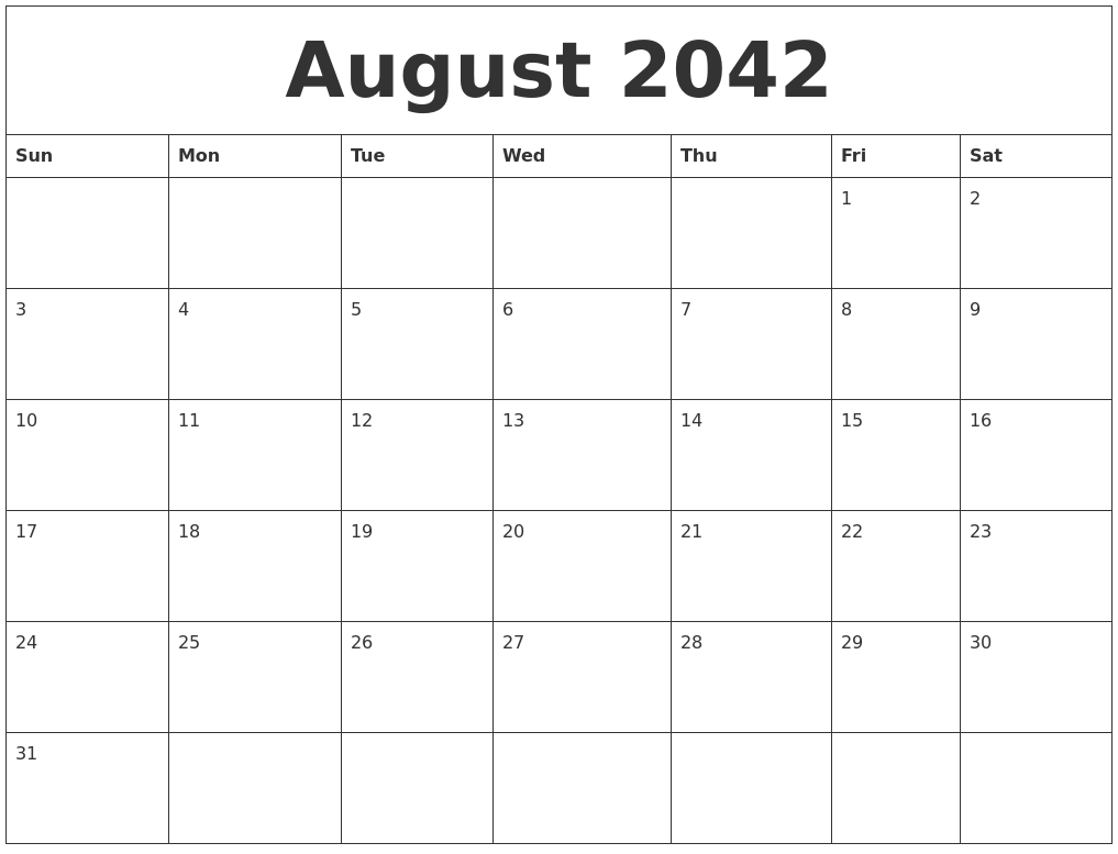 August 2042 Free Blank Calendar