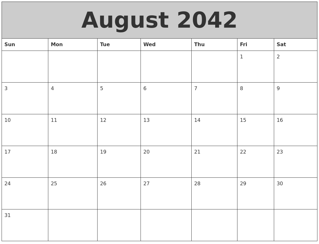 August 2042 My Calendar